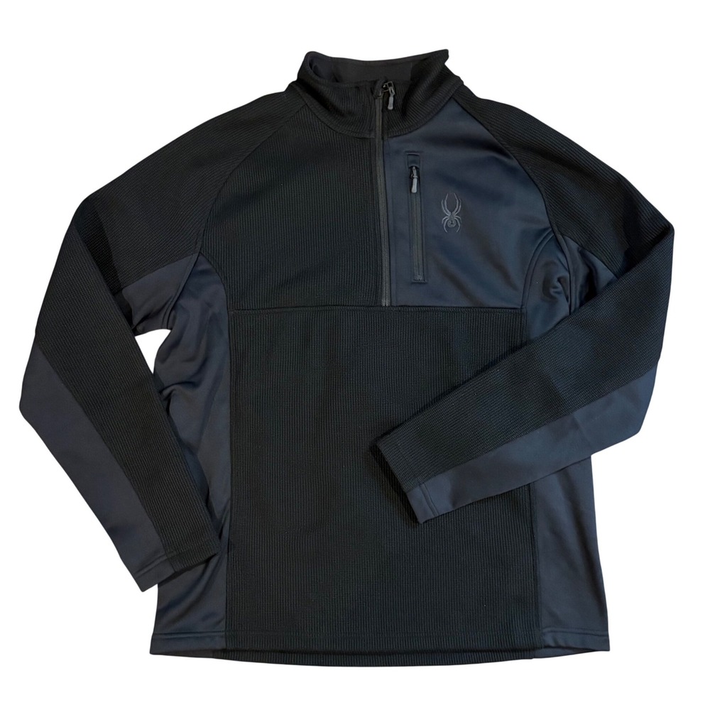 EUC SPYDER 1/4 Zip Waffle Knit Fleece Pullover Jacket Mens XL Black Mock Neck